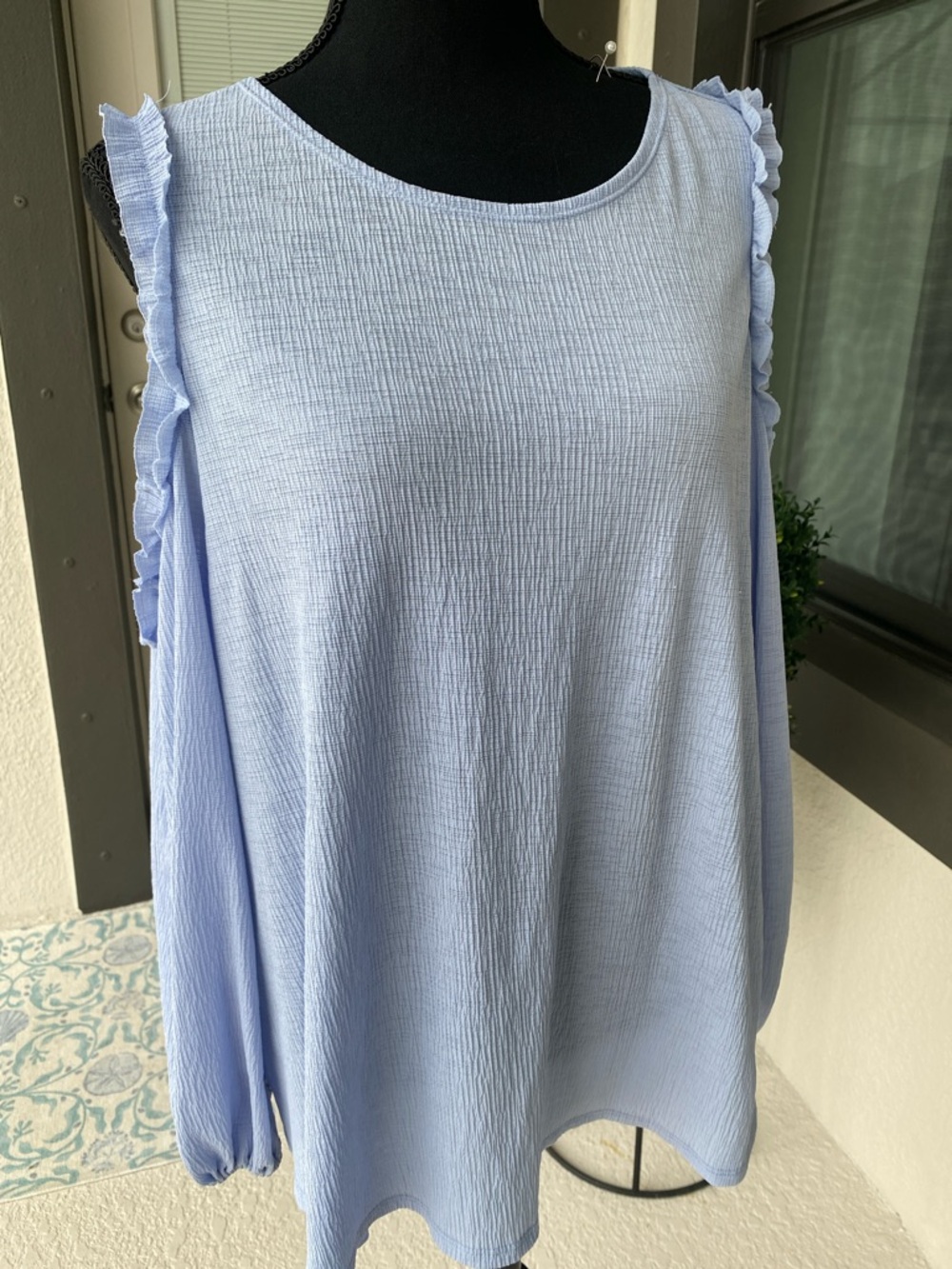 LC Lauren Conrad Pale Blue Ruffle-Trim Long Sleeve cold shoulder